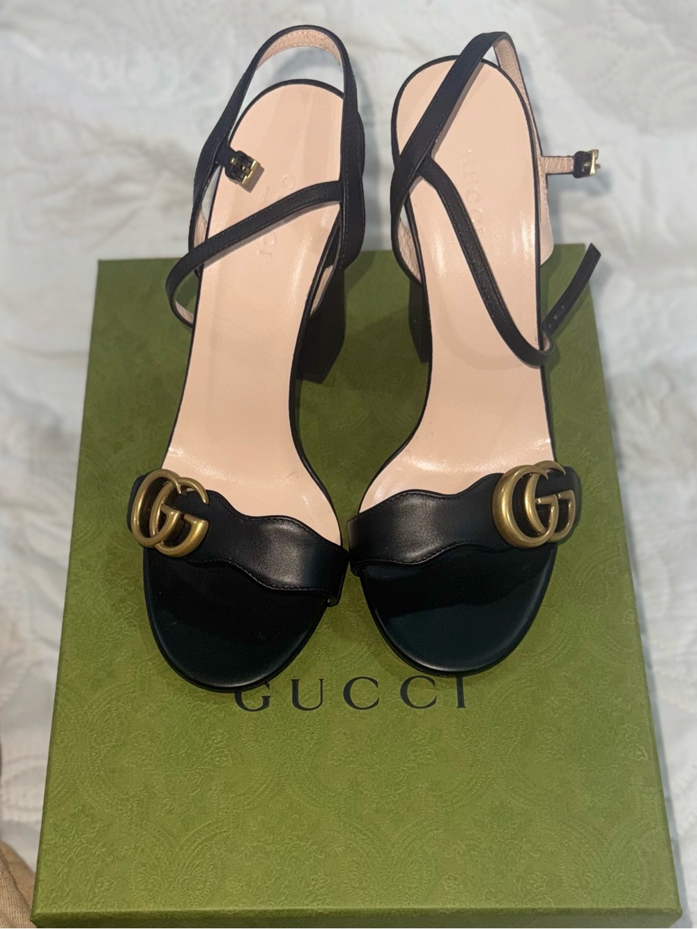 Gucci Black Leather GG Buckle Strappy Block-Heel Sandals